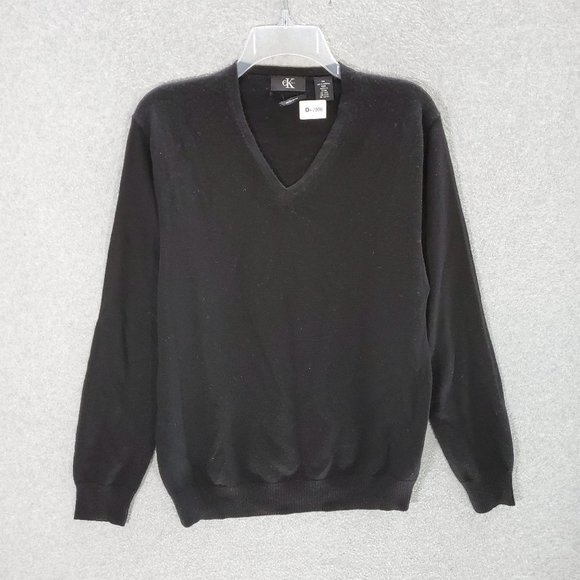 Calvin Klein Men Sweater Medium Black 100% Extra Fine Merino Wool V Neck READ - Picture 1 of 8
